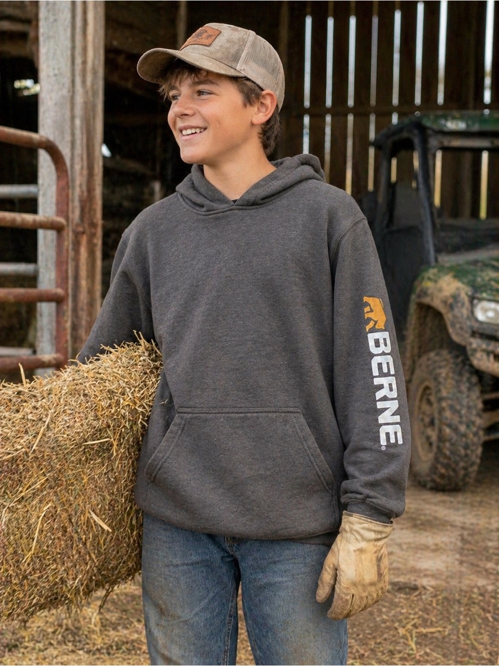 Berne Workwear Hoodie Youth Large 14-16 | Grey Pullover Farm Ranch Heavyweight